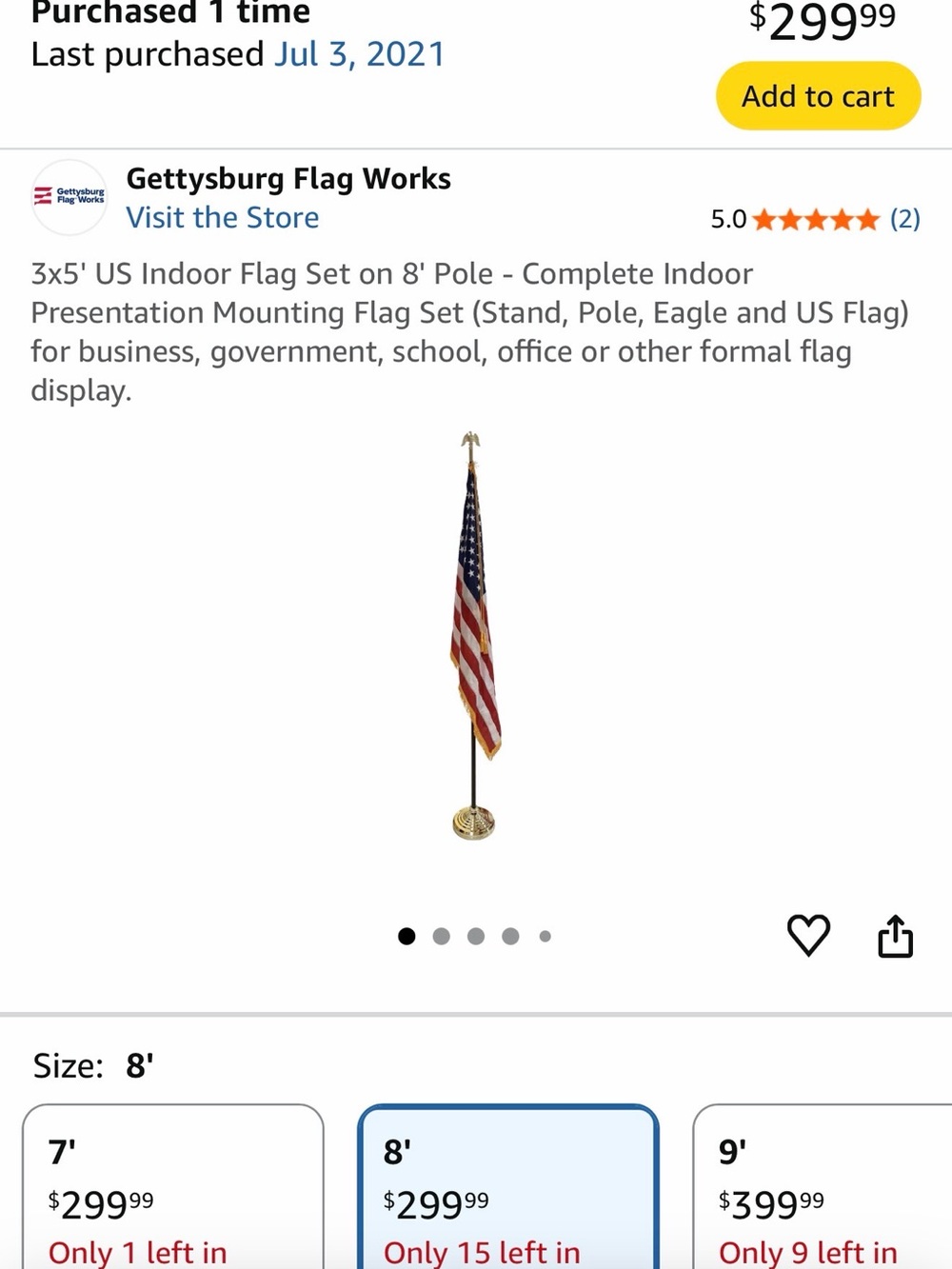 US Indoor Presentation Flag on Pole with Gold Eagle Topper